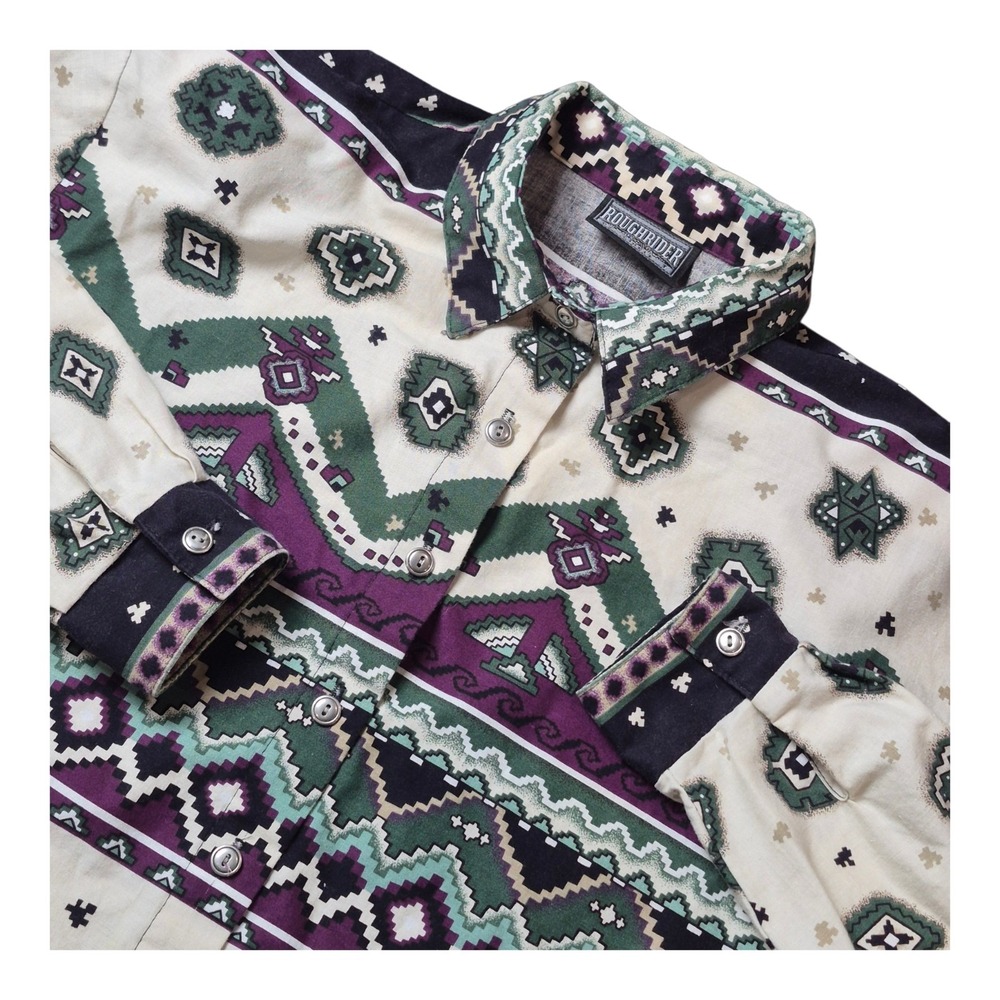 VTG Roughrider Women's M Western Button Front Shirt Aztec Southwestern Retro 90s